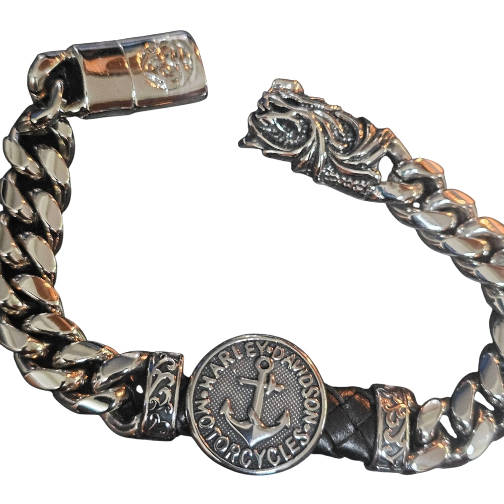 NWT Harley-Davidson Motorcycles Cuban Link Bracelet Stainless Steel Leather